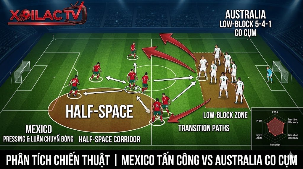 Phân tích chiến thuật trận Mexico vs Australia: Sức ép tấn công từ hành lang trong (half-space) của Mexico đối đầu khối phòng ngự Low-block 5-4-1 của Australia