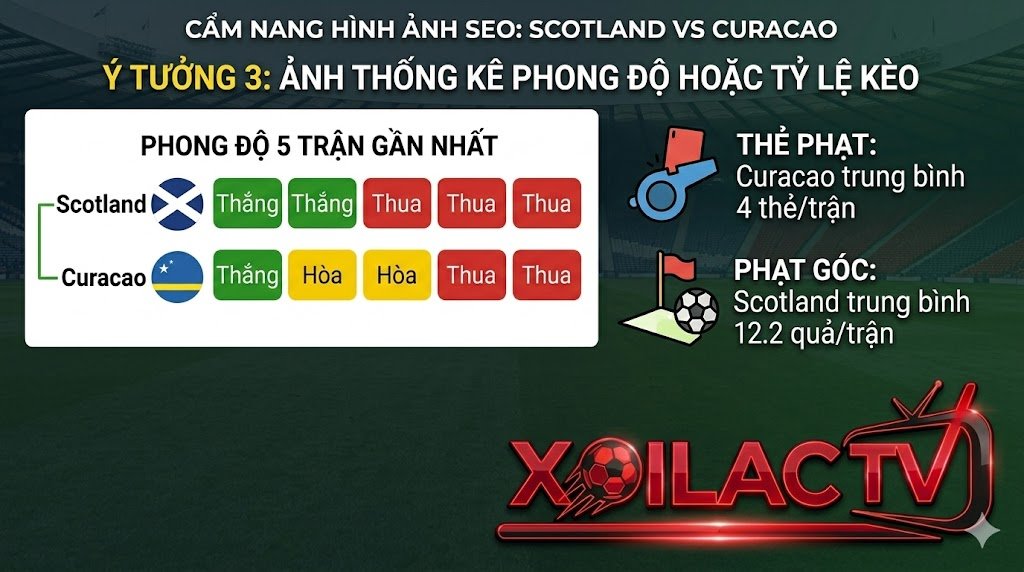 Thống kê phong độ 5 trận gần nhất và tỷ lệ kèo góc, thẻ phạt trận Scotland vs Curacao