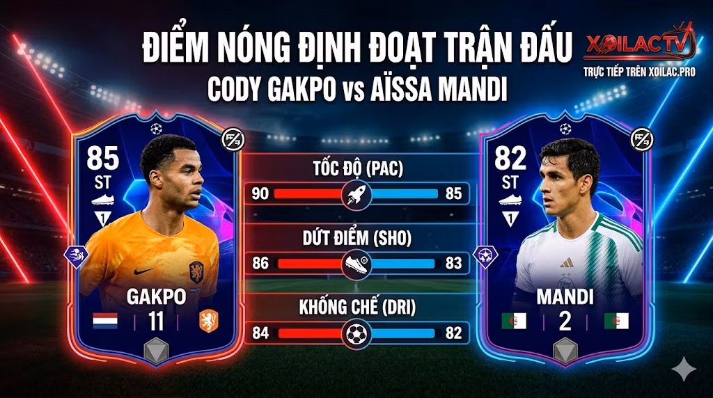 Thống kê chỉ số điểm nóng đối đầu giữa tiền đạo Cody Gakpo (Hà Lan) và trung vệ Aïssa Mandi (Algeria) do nền tảng xem bóng đá trực tuyến Xoilac TV phân tích.