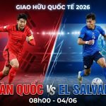 Poster giới thiệu trận giao hữu bóng đá quốc tế giữa Hàn Quốc và El Salvador năm 2026, với hình ảnh Son Heung-min bứt tốc và Nathan Ordaz đi bóng.