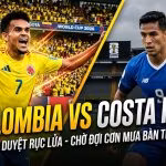 Nhận định trận bóng đá giao hữu Colombia vs Costa Rica tại Xoilac TV, so sánh hình ảnh Luis Diaz ăn mừng rực rỡ (trái) và cầu thủ Costa Rica (phải) trên nền sân vận động World Cup 2026 mờ ảo.