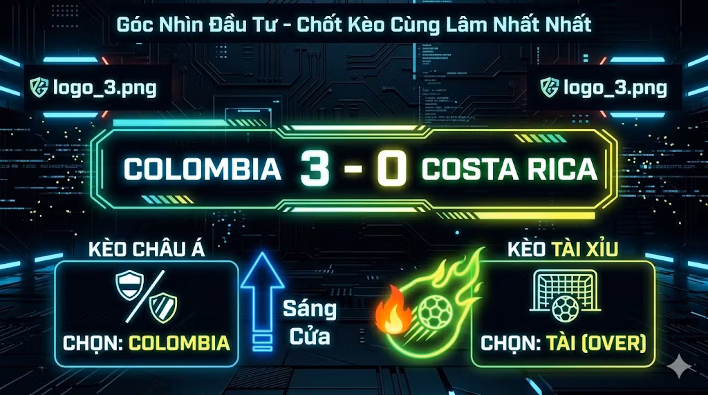 Banner chia sẻ mạng xã hội trận giao hữu quốc tế Colombia gặp Costa Rica, Luis Diaz phấn khích đối mặt cầu thủ phòng ngự Costa Rica trầm tư, bối cảnh sân World Cup 2026 sôi động tại Bogota trên Xoilac TV.